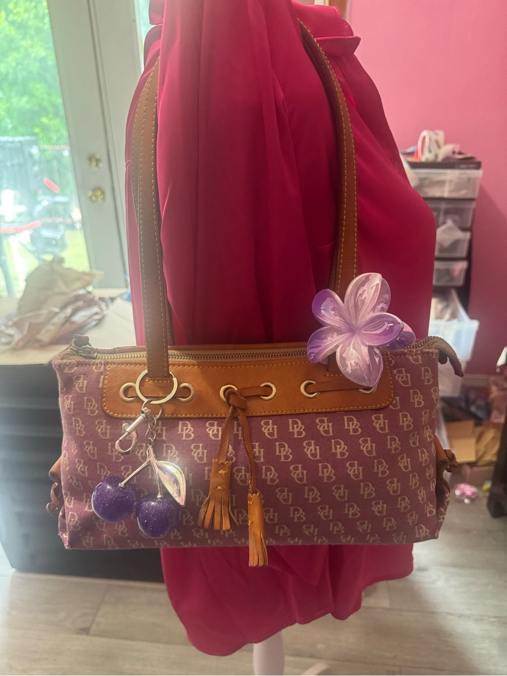 Dooney & Bourke Plum Monogram Shoulder Bag with Tan Trim - Picture 2 of 6